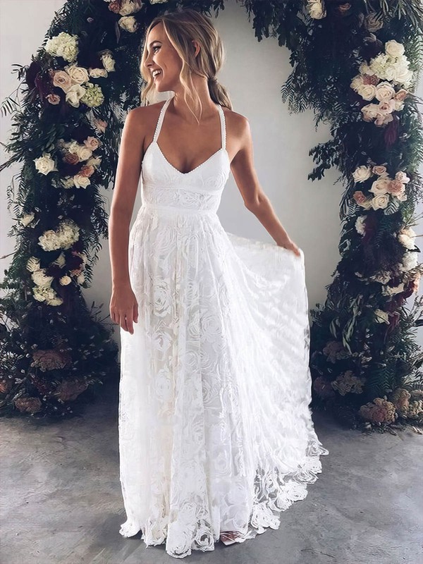 Lace A-line V-neck Sweep Train Split Front Wedding Dresses #DOB00023410
