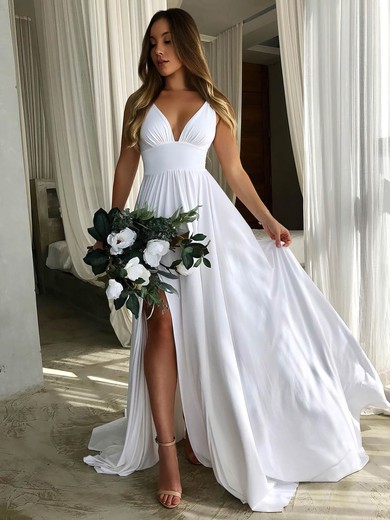 Silk-like Satin A-line V-neck Sweep Train Split Front Wedding Dresses #DOB00023482