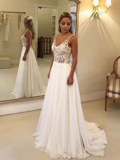 Chiffon Tulle A-line V-neck Sweep Train Appliques Lace Wedding Dresses #DOB00023484