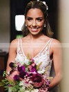 Chiffon Tulle A-line V-neck Sweep Train Appliques Lace Wedding Dresses #DOB00023484