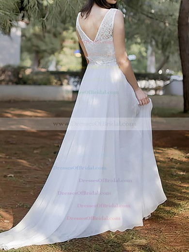 Scoop A-line Court Train Chiffon Lace Wedding Dresses #DOB00020486