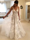 Tulle A-line V-neck Sweep Train Appliques Lace Wedding Dresses #DOB00023493