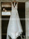Tulle Princess V-neck Sweep Train Appliques Lace Wedding Dresses #DOB00023494