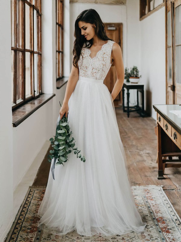 Lace Tulle A-line V-neck Floor-length Buttons Wedding Dresses #DOB00023497