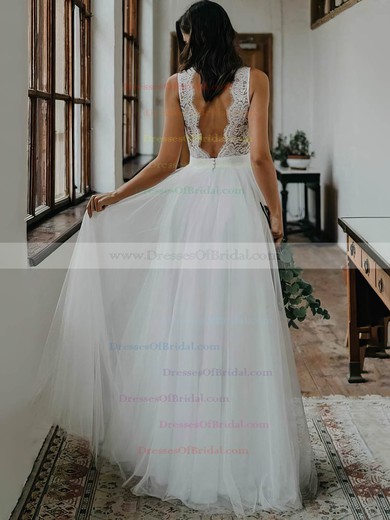 Lace Tulle A-line V-neck Floor-length Buttons Wedding Dresses #DOB00023497