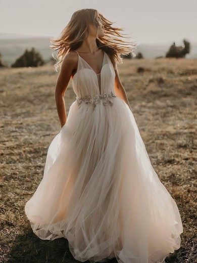 Tulle Princess V-neck Floor-length Sashes / Ribbons Wedding Dresses #DOB00023509