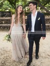 Tulle A-line V-neck Floor-length Appliques Lace Wedding Dresses #DOB00023512