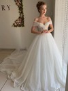 Tulle Ball Gown Off-the-shoulder Sweep Train Ruffles Wedding Dresses #DOB00023513
