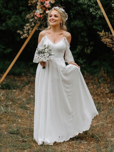 Lace Chiffon A-line V-neck Sweep Train Appliques Lace Wedding Dresses #DOB00023514