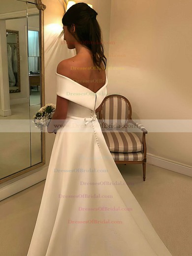 Satin Princess Off-the-shoulder Sweep Train Sashes / Ribbons Wedding Dresses #DOB00023517
