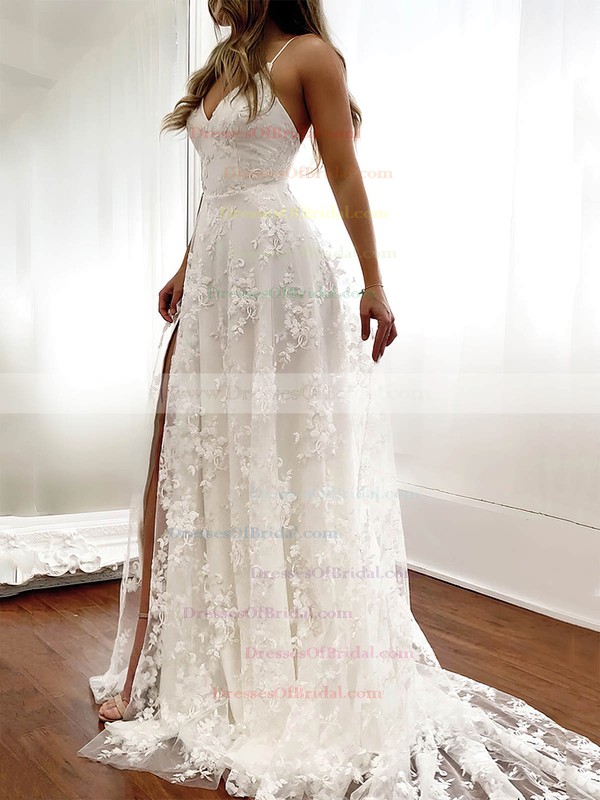 Lace A-line V-neck Sweep Train Split Front Wedding Dresses #DOB00023518