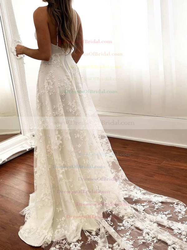 Lace A-line V-neck Sweep Train Split Front Wedding Dresses #DOB00023518
