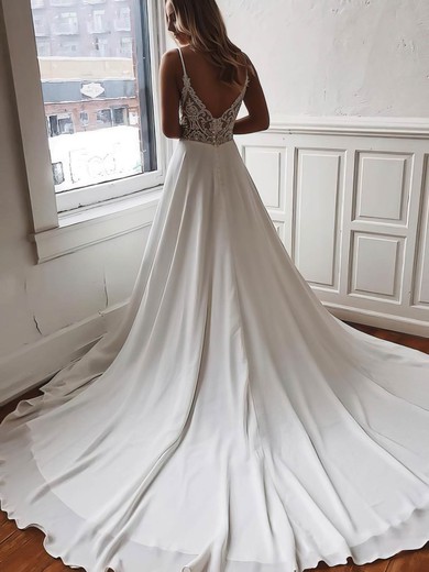Chiffon A-line V-neck Sweep Train Lace Wedding Dresses #DOB00023519