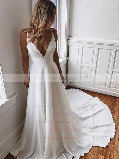 Chiffon A-line V-neck Sweep Train Lace Wedding Dresses #DOB00023519