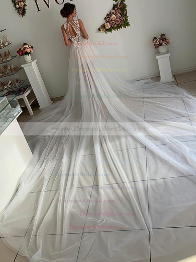 Tulle A-line Scoop Neck Chapel Train Appliques Lace Wedding Dresses #DOB00023520