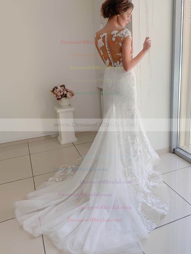Lace Tulle Trumpet/Mermaid Scoop Neck Sweep Train Appliques Lace Wedding Dresses #DOB00023528
