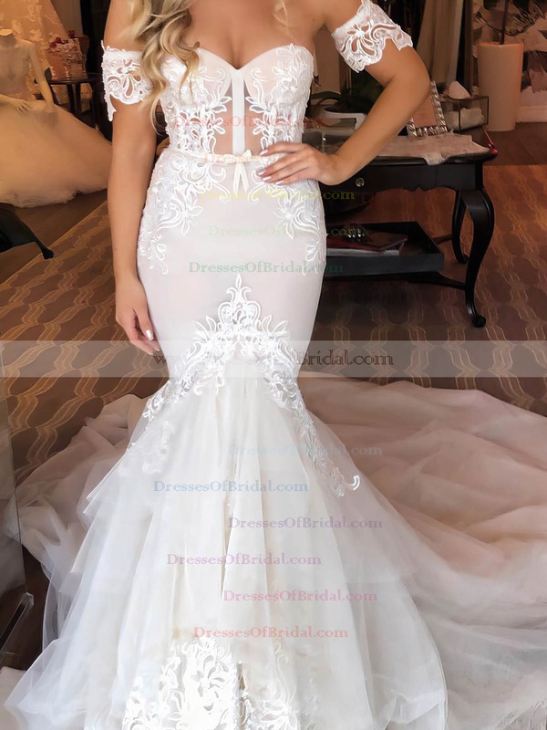 Lace Tulle Trumpet/Mermaid Sweetheart Court Train Appliques Lace Wedding Dresses #DOB00023529