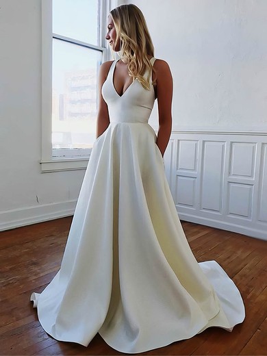 Satin A-line V-neck Sweep Train Bow Wedding Dresses #DOB00023538