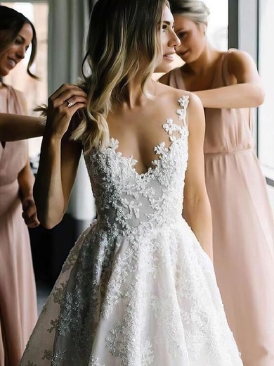 Lace Princess Scoop Neck Sweep Train Appliques Lace Wedding Dresses #DOB00023575