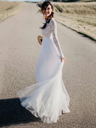 Lace Tulle A-line Scoop Neck Floor-length Appliques Lace Wedding Dresses #DOB00023578