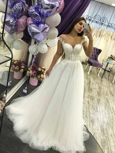Tulle A-line Scoop Neck Floor-length Appliques Lace Wedding Dresses #DOB00023582