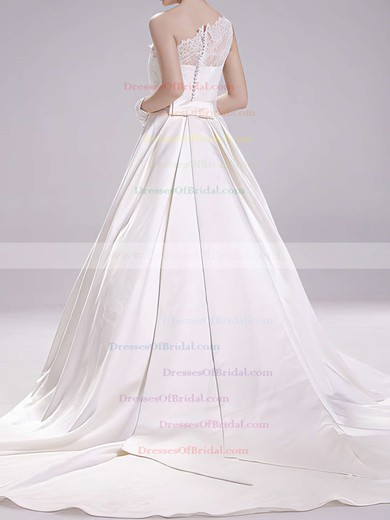 One Shoulder Ball Gown Court Train Satin Lace Wedding Dresses #DOB00020493
