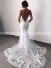 Tulle Trumpet/Mermaid V-neck Sweep Train Appliques Lace Wedding Dresses #DOB00023596