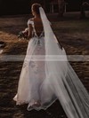 Tulle A-line Scoop Neck Sweep Train Beading Wedding Dresses #DOB00023602