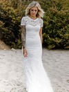 Lace Tulle Sheath/Column Scoop Neck Sweep Train Appliques Lace Wedding Dresses #DOB00023605
