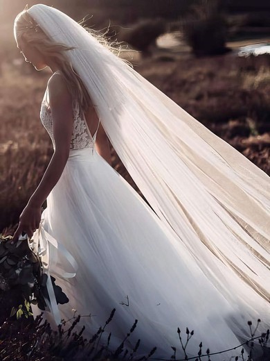 Tulle A-line V-neck Floor-length Appliques Lace Wedding Dresses #DOB00023606