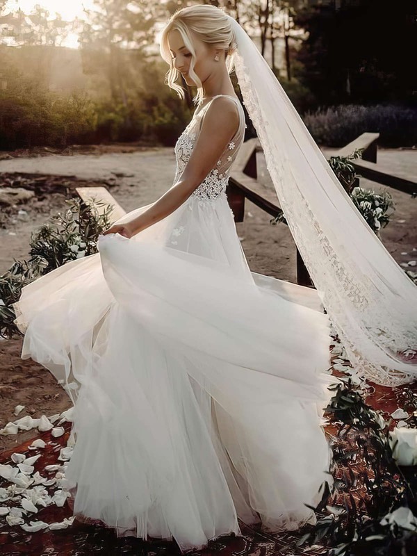 Tulle A-line V-neck Floor-length Appliques Lace Wedding Dresses #DOB00023610