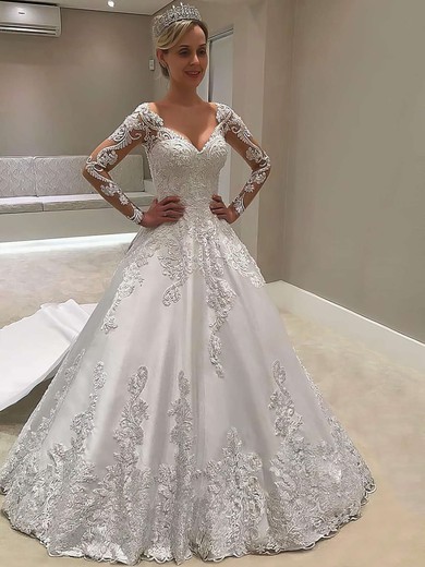 Satin Ball Gown V-neck Detachable Appliques Lace Wedding Dresses #DOB00023618