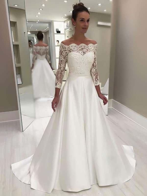 Satin A-line Off-the-shoulder Sweep Train Appliques Lace Wedding Dresses #DOB00023620