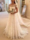 Lace A-line Scoop Neck Sweep Train Appliques Lace Wedding Dresses #DOB00023621