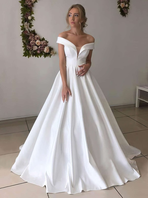 Satin Ball Gown Off-the-shoulder Floor-length Wedding Dresses #DOB00023628