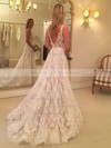 Lace Princess V-neck Sweep Train Sashes / Ribbons Wedding Dresses #DOB00023633
