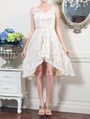 V-neck A-line Asymmetrical Lace Satin Sashes/Ribbons Wedding Dresses #DOB00020498
