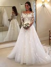 Tulle Princess Scoop Neck Sweep Train Appliques Lace Wedding Dresses #DOB00023650