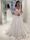 Tulle Princess V-neck Sweep Train Appliques Lace Wedding Dresses #DOB00023651