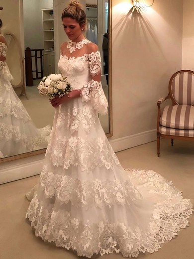 Tulle Princess Scoop Neck Sweep Train Appliques Lace Wedding Dresses #DOB00023654