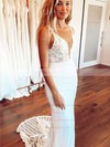 Lace Trumpet/Mermaid V-neck Sweep Train Appliques Lace Wedding Dresses #DOB00023658