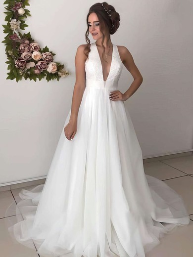 Tulle A-line V-neck Sweep Train Beading Wedding Dresses #DOB00023664