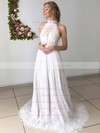 Lace Tulle A-line High Neck Sweep Train Appliques Lace Wedding Dresses #DOB00023665