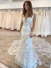 Tulle Trumpet/Mermaid V-neck Court Train Appliques Lace Wedding Dresses #DOB00023670