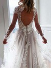 Tulle A-line V-neck Sweep Train Appliques Lace Wedding Dresses #DOB00023675