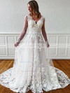 Tulle A-line V-neck Sweep Train Appliques Lace Wedding Dresses #DOB00023675