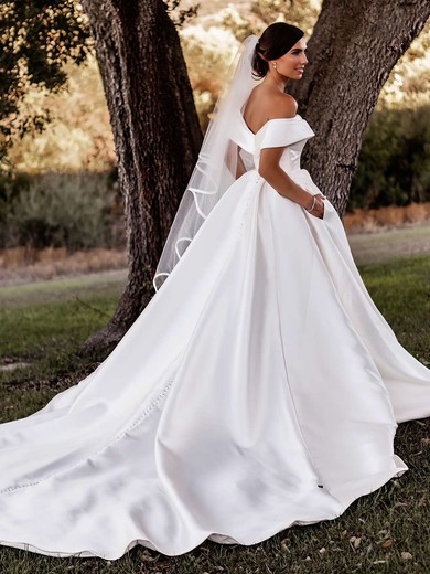 Satin Ball Gown Off-the-shoulder Court Train Pockets Wedding Dresses #DOB00023676