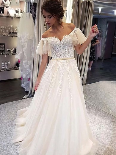 Tulle Princess Off-the-shoulder Sweep Train Appliques Lace Wedding Dresses #DOB00023678