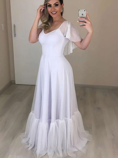 Tulle A-line V-neck Floor-length Wedding Dresses #DOB00023684