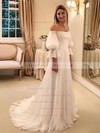 Chiffon A-line Off-the-shoulder Sweep Train Pleats Wedding Dresses #DOB00023686
